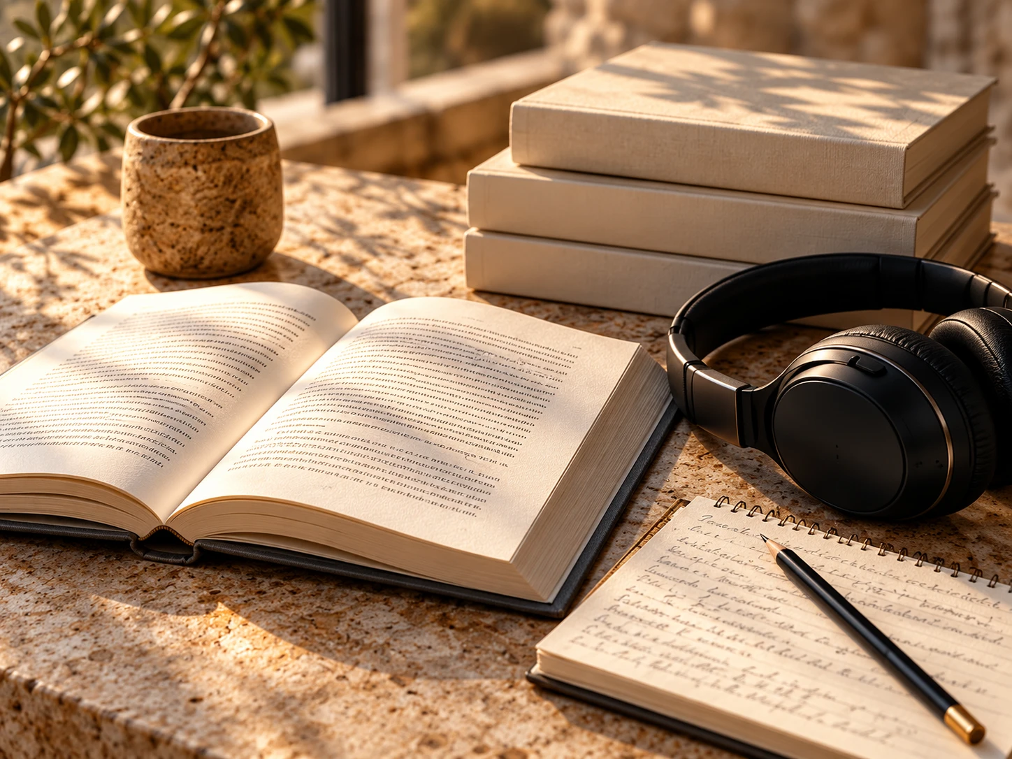 Concept still life of books, headphones and a notebook
