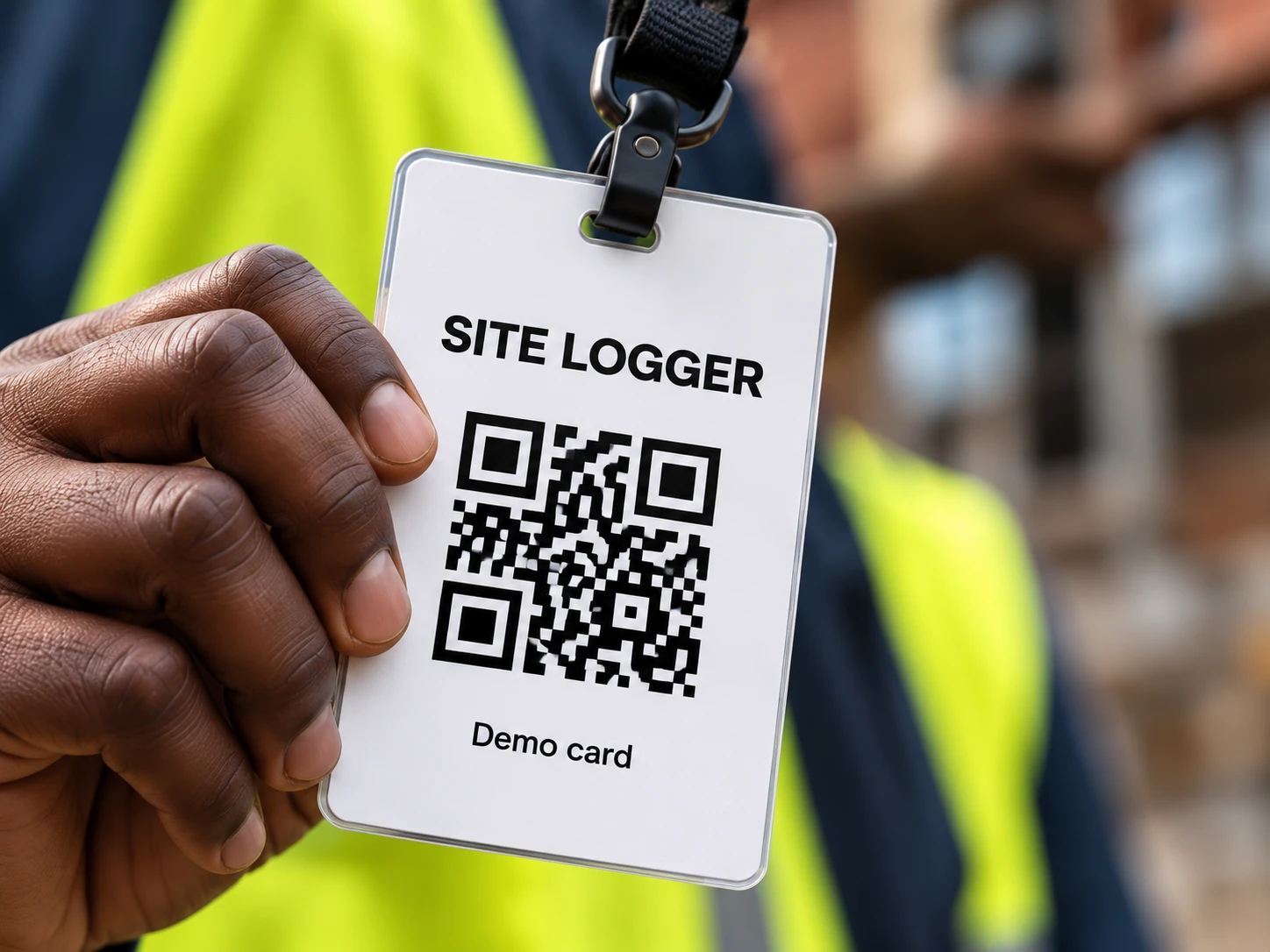 Concept photograph of a demo Site Logger staff badge with a QR code