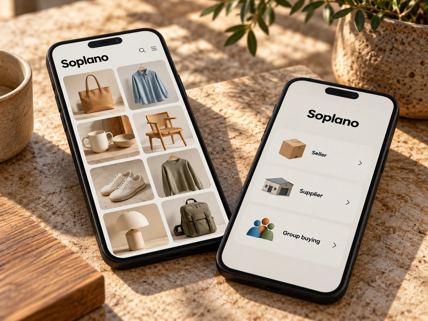Illustrative Soplano marketplace on two phones
